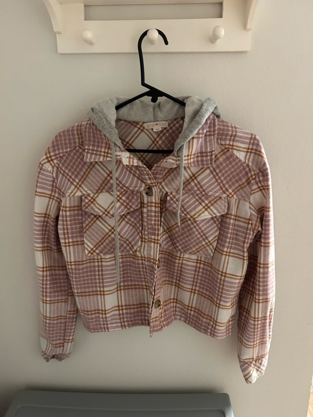 Ultra Flirt Pink and Cream Plaid Hooded Shirt
